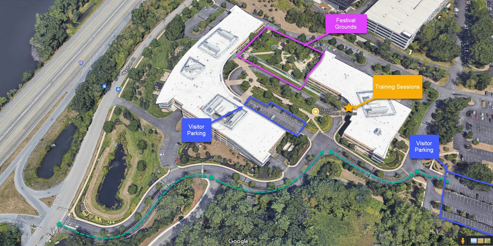 Outside map — Campus Green, parking, building entrance