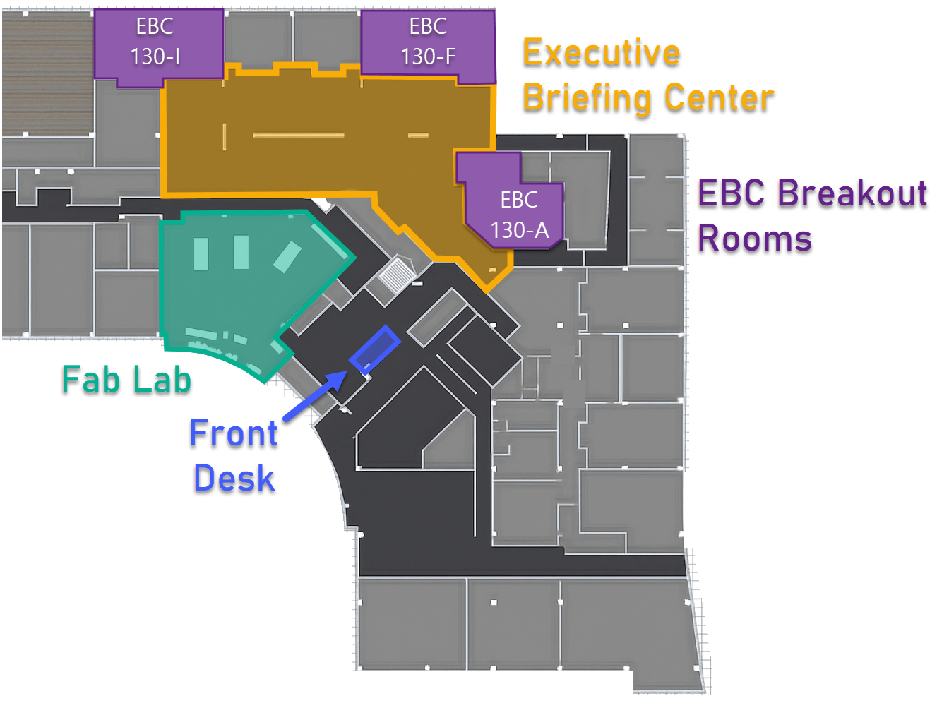 Floor plan — EBC rooms, FAB Lab, Front Desk